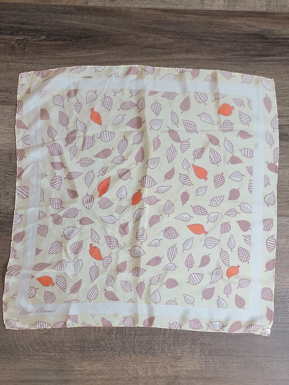Bill Blass Silk Leaf-Print Square Scarf in Cream and Pink 21" X 21"